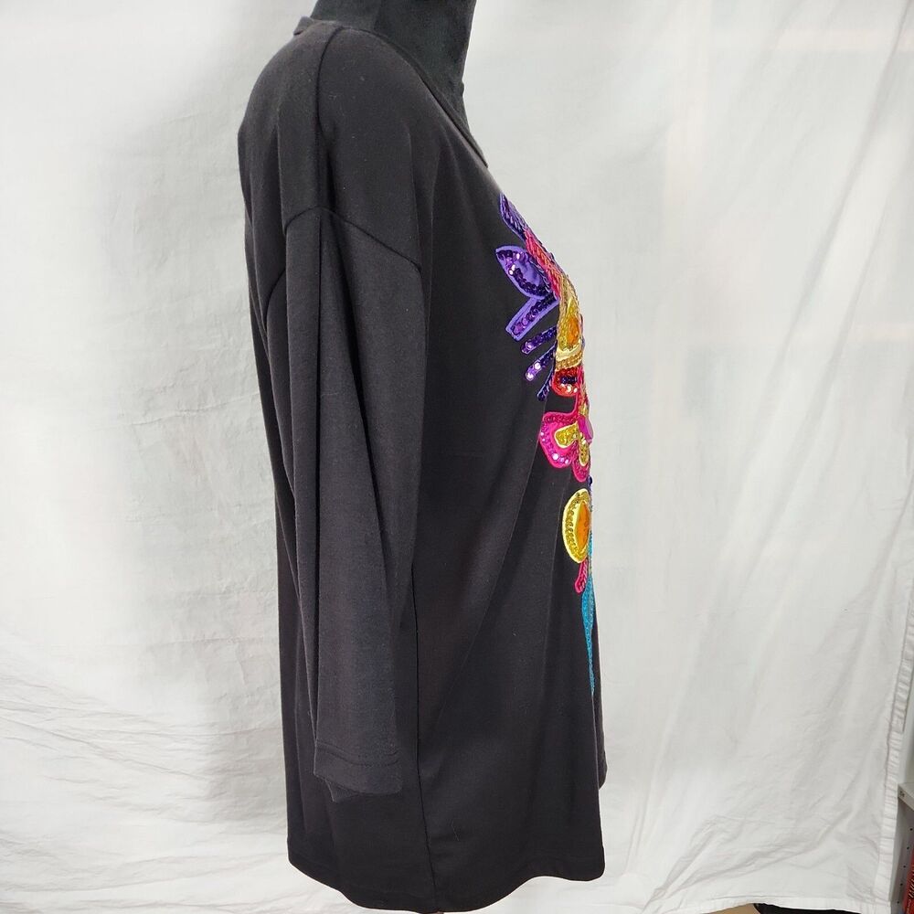 Vtg Victoria Harbour Medium Sequin Embellished Black 3/4 Sleeve Floral Shirt Top - Picture 7 of 11